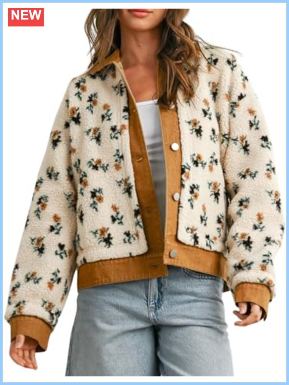 Women Floral Fleece Jacket Open Front Denim Collar Oversized Pockets